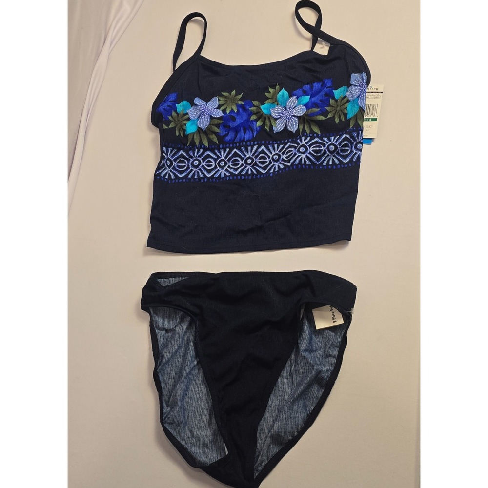 NWT Citzen Navy Blue Embroidered Floral Tankini Set Size 14 Tropical Swimwear